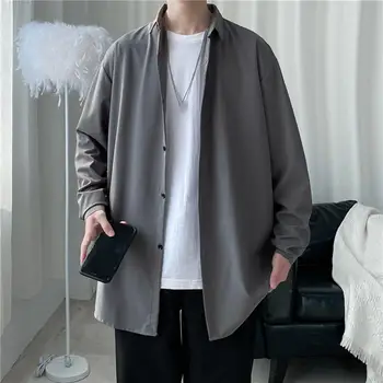 Есен Мъже Ризи с дълъг ръкав Палта Корейски стил плътен цвят хлабав тънък еднореден ризи Якета за мъже jaqueta masculina