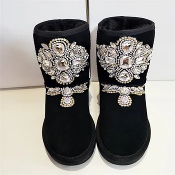 Есен и зима нови ръчно диамантени инкрустирани телешка водоустойчива средата тръба дамски обувки сняг ботуши памучни обувки 35-44