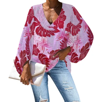 Есенна жена Ежедневна риза от шифон 2023 Полинезийско племенно облекло Фиджи Самоа Хавайски печат фенер ръкав Топ V-образно деколте блуза