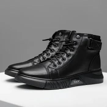 Естествена кожа Бизнес къси ботуши Мъжки нови есен зима 2024 Британска мода плюшени плоски обувки тенденция ежедневни обувки меки