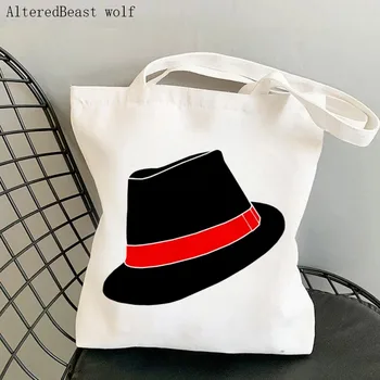 Жени Чанта за пазаруване Класическа черна шапка Fedora Печатна чанта Harajuku Платно за пазаруване Чанта за пазаруване Чанта момиче чанта Голяма пазарска чанта за рамо Дамска чанта