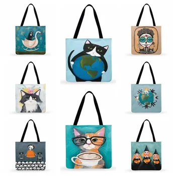 Жени случайни мъкна мама котка и котенца живопис печат голяма пазарска чанта дамска чанта рамо чанта сгъваема пазарска чанта открит плаж чанти