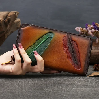 Жените естествена кожа дълъг портфейл чанта съединител чанта кредитна лична карта притежател на пари ретро женски естествена кожа цип пари чанти