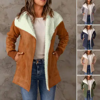 Жените плътен цвят яке плюшени ревера средата дължина дама жилетка яке с еластични джобове маншет за есента зимата плътен цвят топло