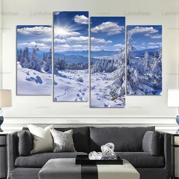 Живопис платно синьо небе пейзаж плакат Hd модулна картина на сняг планинско дърво дома декорация стена за хол Unframe