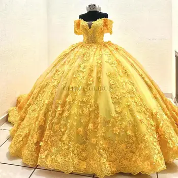 Жълти луксозни рокли от кинсеанера Мъниста Апликации с пайети Бални рокли за рожден ден Рокля за абитуриентско парти Vestidos de 15 Años