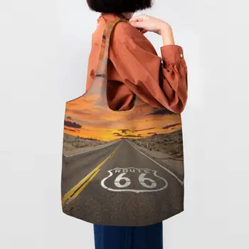 Забавен маршрут 66 пазарска пазарска чанта за многократна употреба САЩ магистрали хранителни стоки платно рамо купувач чанти фотограф чанта