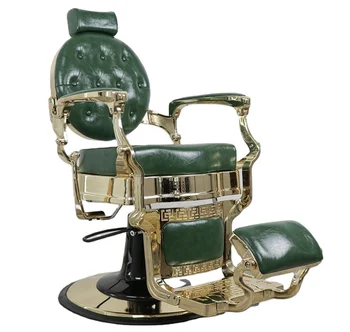 Зелен античен бръснарски стол със златна рамка фризьорски стол за бръснарница, фризьорски салон, мебели за красота