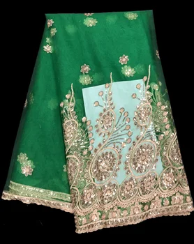 Зелени и златни пайети Африканска френска мрежа Net дантела плат за Индия вечерно парти рокля тъкани 2021 Нова Нигерия пайети Voile