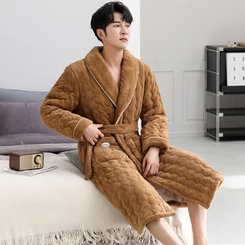 Зимна дълга роба спално облекло 3-слой супер сгъстяване фланела мъж халат френски стил мъжки халат мода бродерия халати