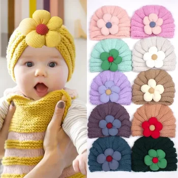 Зимна нова бебешка топла цветна плетена шапка Детска многоцветна сладка вълнена шапка Шапка за момичета