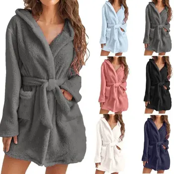 Зимни жени халат плътен цвят прост топъл пухкавдебелен качулка плюшени пижами Начало Ежедневни дълги якета Консумативи за баня