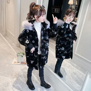 Зимни момичета памучно яке Парки Печатни модни палта Тийнейджъри Сгъстяване Топли якета Детски дрехи за 5 8 9 10 12 Година Парки