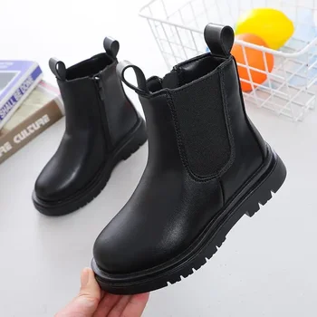 Зимни нови кожени меки подметки топла единична обувка за детска мода страничен цип случайни плоско дъно против хлъзгане памучни ботуши