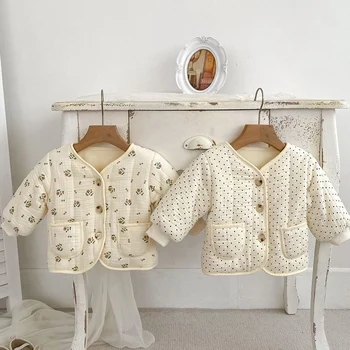 Зимно малко дете Бебе момиче Сгъсти топло яке Флорално новородено бебе момичета плюшена жилетка палто деца сгъстяват топли дрехи