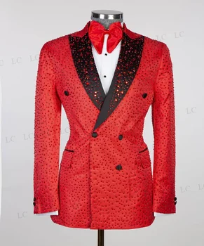 Искрящи червени мъниста Диомонди сватбен младоженец мъже костюми 2 парче нетактичност панталони бутони смокинг официална работа бала плюс размер съобразени