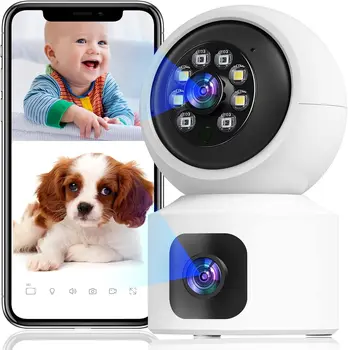 Камера за домашна сигурност с двоен обектив с фиксиран обектив и куполна камера в 1 разширен ъгъл на гледане с дисплей с двоен екран