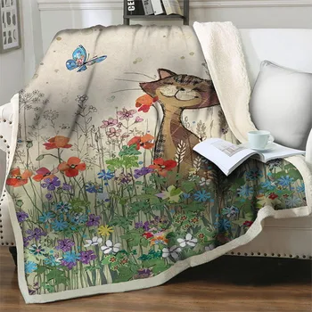 Карикатура котка с цвете шерпа хвърлят одеяла за легла диван 3D отпечатани животински шерпа покривки плюшени меки топли юргани дрямка