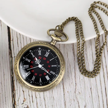 Класически черно-бял циферблат кварц джобни часовници бронзов огърлица висулка часовник отворено лице античен джоб Timepece мъже жени подаръци