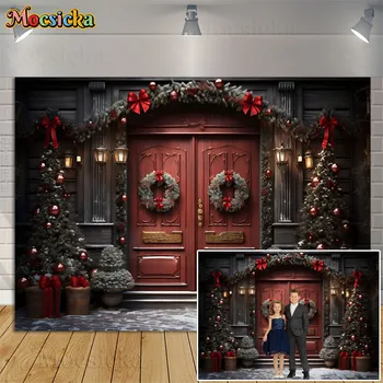 Коледа реколта червена врата семейство портрет фон деца рожден ден снимка зима чакъл пътни декори студио фотография подпори