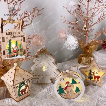 Коледа светеща къща висулка дървена декорация XINGX висящи орнаменти настолни орнаменти
