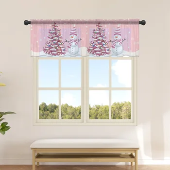 Коледа снежен човек снежинка розови отвесни завеси за кухня кафе половин къс тюл завеса прозорец Valance дома декор