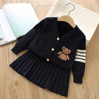 Комплект пуловер за момичета пролет и есен Нова корейска академия малко момиче униформа плетена пола две части комплект детски дрехи