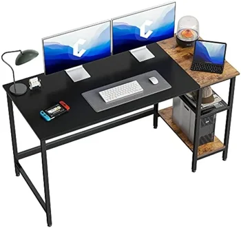 Компютърно бюро за домашен офис, 55-инчова малка маса за писане на бюро с рафтове за съхранение, модерно просто компютърно бюро с