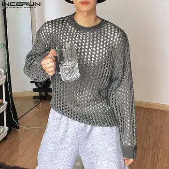Корейски стил Нова мъжка мода кухи дишащи дизайнерски тениски Секси капка O-образно деколте дълъг ръкав Camiseta S-5XL INCERUN върхове 2023