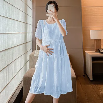 Корея лятна бременност Дамска рокля за бременни сладък бутер ръкав случайни дрехи хлабав майчинство стилни топчета рокли плюс размер
