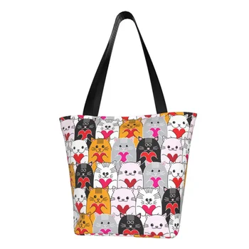 Котки отпечатани смешни любовни сърца голяма пазарска чанта