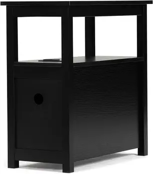 Крайна маса със зарядна станция, тесен диван странична маса, дървено нощно шкафче, спалня хол, черен