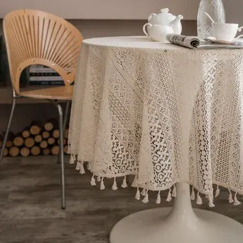 Кръгла полиестерна памучна покривка, плетене на една кука кухи пискюли, американска покривка за маса в селски стил, 150 см
