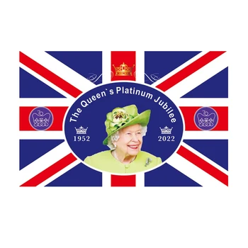 Куинс Платинен юбилеен флаг 2022 Знаме на Юниън Джак с участието на Нейно Величество Кралицата 70-та годишнина Британски мемориален декор 3x5ft
