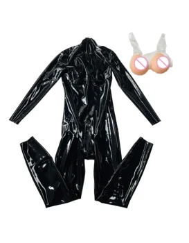 Латексов гумен котешки костюм с 1600g рамо силиконови гърди cross-dresser 0.4mm