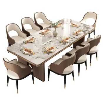 Лека луксозна италианска скална плоча маса за хранене и стол, модерна и проста домакинска малка единица правоъгълна западна маса за хранене