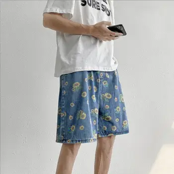 Летни памучни дънкови шорти Мъже 2023 Мода Ежедневни флорални дънки Къси панталони Уличен стил Корейски Свободни дънкови шорти с шнур w522
