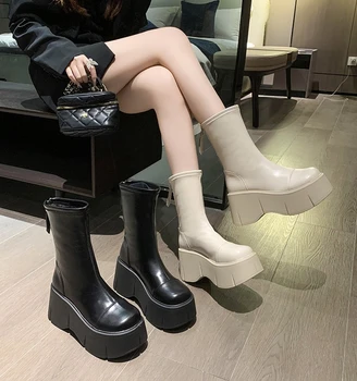 Лолита ботуши дамски обувки платформа зимни обувки плосък петата кръг пръсти луксозен дизайнер ботуши-жени цип сабо есента рок