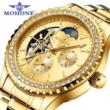 Луксозен златен автоматичен механичен часовник за мъже водоустойчив светлинен неръждаема стомана лунна фаза елегантен бизнес мъжки часовници