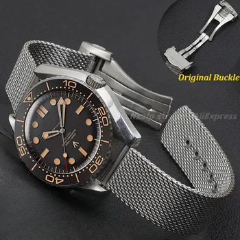 Луксозна лента за часовници за Omega Seamaster 007 300 Гмуркане Милано мрежеста каишка Оригинална сгъваема катарама Твърда гривна от неръждаема стомана 20mm