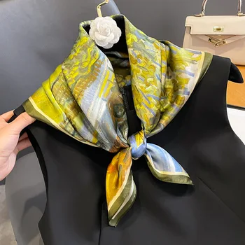 Луксозна марка 100% истински копринен квадратен шал жени вратовръзка шал обвивка бандана елегантен печат пролет женски фоулард хиджаб кърпа
