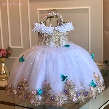Луксозна принцеса апликация цвете момиче рокли за сватба тюл перли топка детски конкурс рокля рожден ден Първо причастие износване