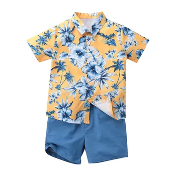 Лято тънки момчета мода цветен печат хлабав ревера риза плътен цвят шорти две части комплект пакет бебешки дрехи