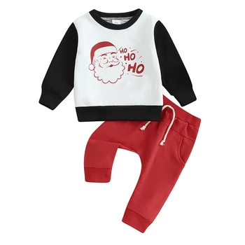 Малки деца момчета коледни панталони комплекти дълъг ръкав писмо Дядо Коледа печат върхове и червени шнур панталони комплекти