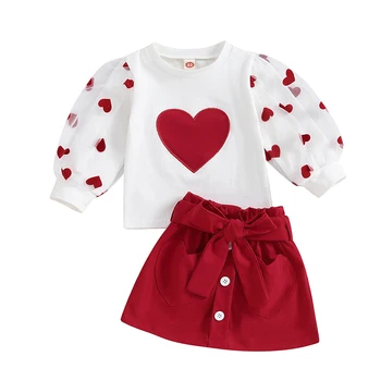 Малко дете бебе момиче Свети Валентин облекло бебе малки деца дълъг ръкав любов сърце риза пола дрехи комплект с колан