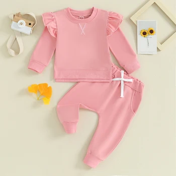 Малко дете бебе момиче облекло плътен цвят къдрици дълъг ръкав суитчър топ еластична талия панталони 2бр Sweatsuits комплекти