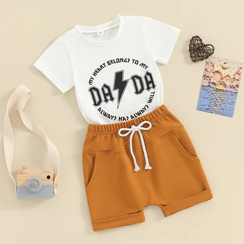 Малко дете бебе момче летни дрехи сладък писмо печат къс ръкав тениска върховете и участък шорти Playwear екипировки