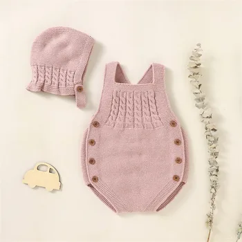 Малко дете новородени дрехи ританки есента бебе памук твърди без ръкави пролетта топло плетени пуловер 0-18M бебе момче момичета боди + шапка