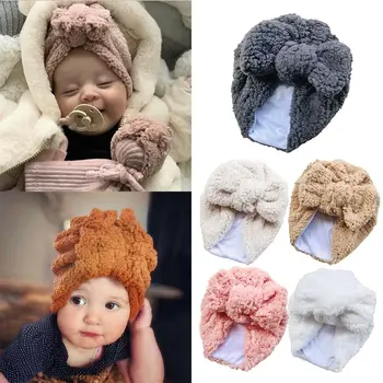 Меки дебели бебешки шапки ухо топло Bowknot лента за глава Теди плат бебе шапка новородено бебе шапки