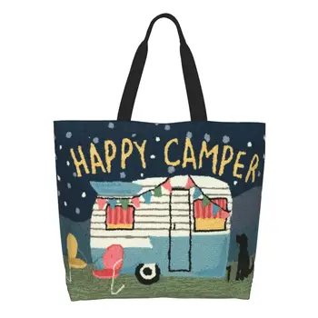Многократна употреба Приключенски пътувания Happy Camper пазарска чанта жени платно рамо голяма пазарска чанта преносим RV къмпинг хранителни стоки чанти за купувачи